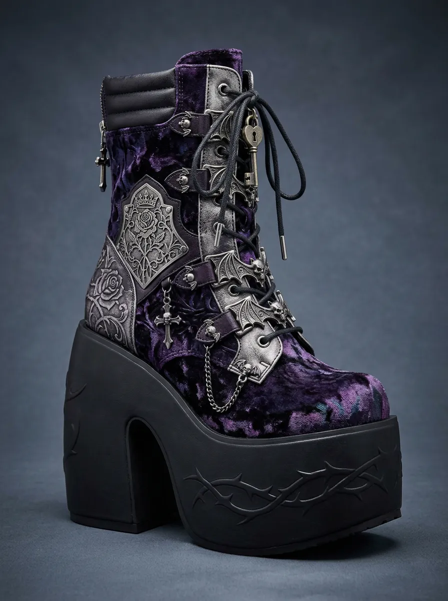 Witchy Skull Bat Rose Design Women's Gothic Platform Boots