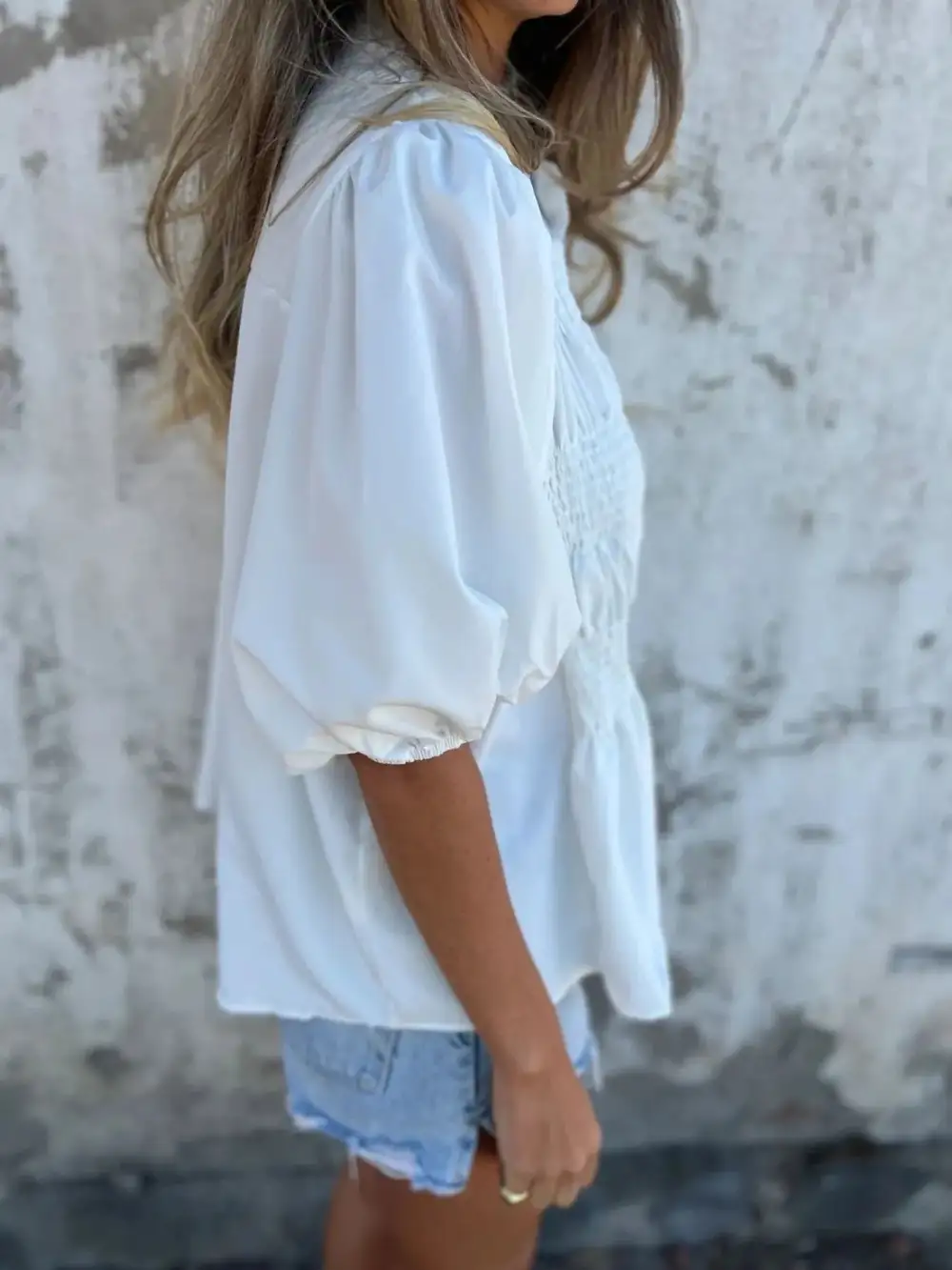 Smocked Puff-Sleeve Buttoned Blouse