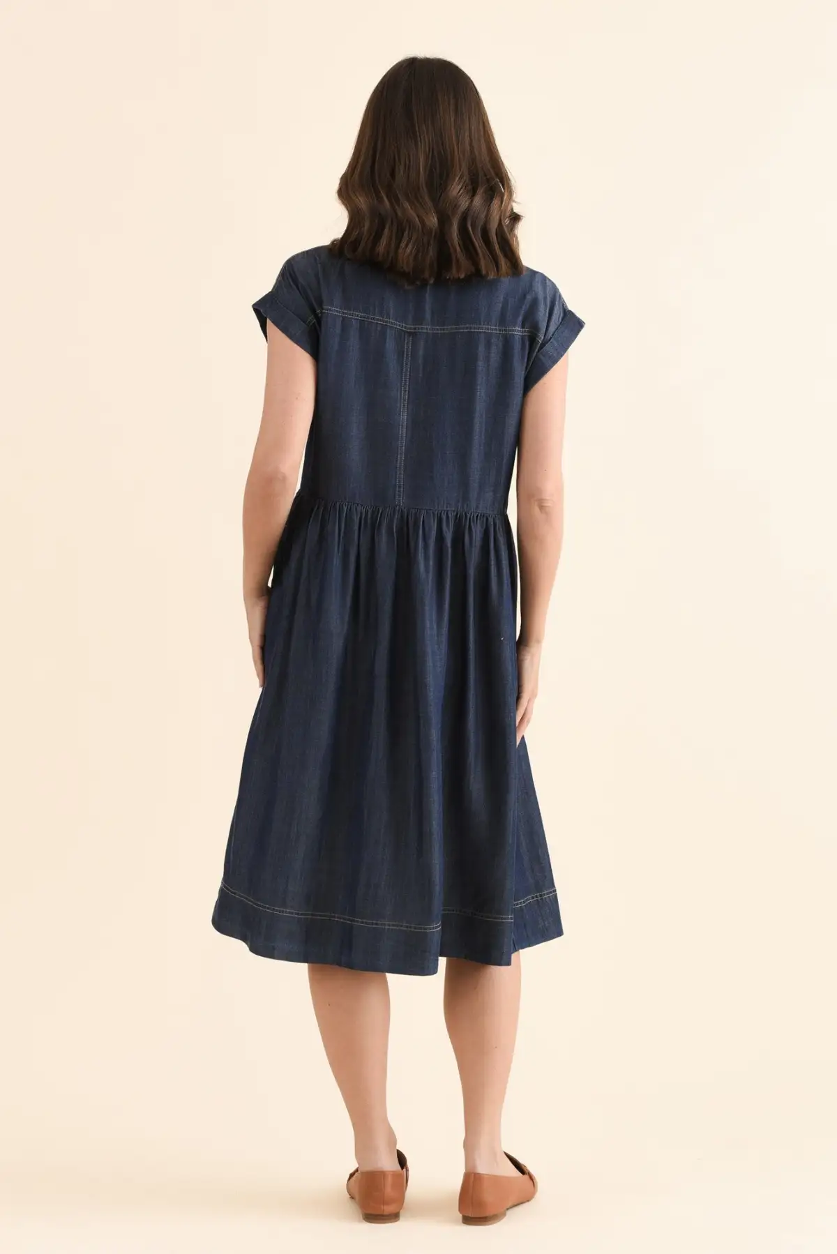 Below-Knee Denim Button-Front Pocket Collared Short-Sleeve A-Line Dress
