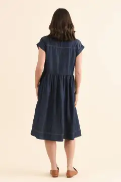 Below-Knee Denim Button-Front Pocket Collared Short-Sleeve A-Line Dress