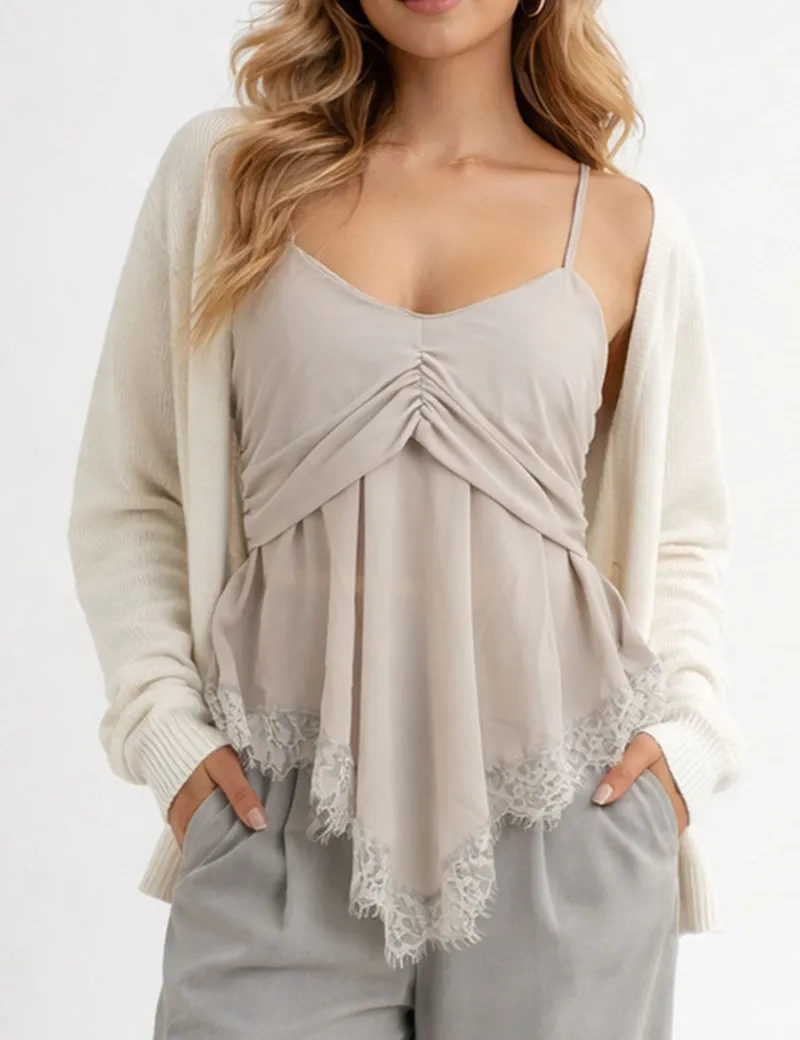 Sheer Mesh Lace Hem Spaghetti Strap Cami Top