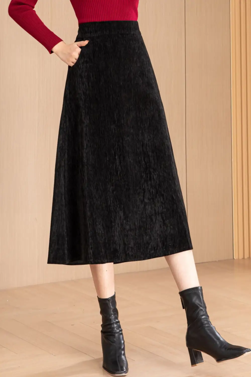 Checkered Polyester A Line High Waist Midi Skirt