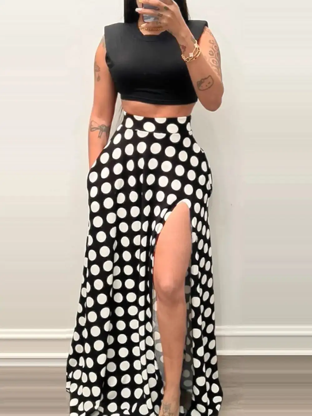 Polka Dot High Slit Maxi Skirt