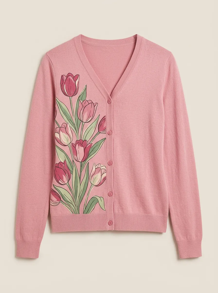 Women's V-Neck Graphic Floral-Motif Ribbed Cardigan