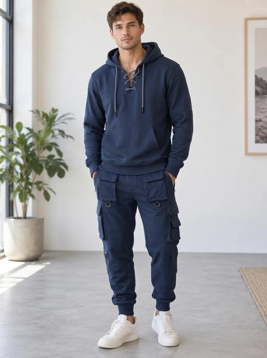 Trail-Inspired Lace-Up Multi Pocket Street Look Men's Lace Up Hoodie And Cargo Jogger Set