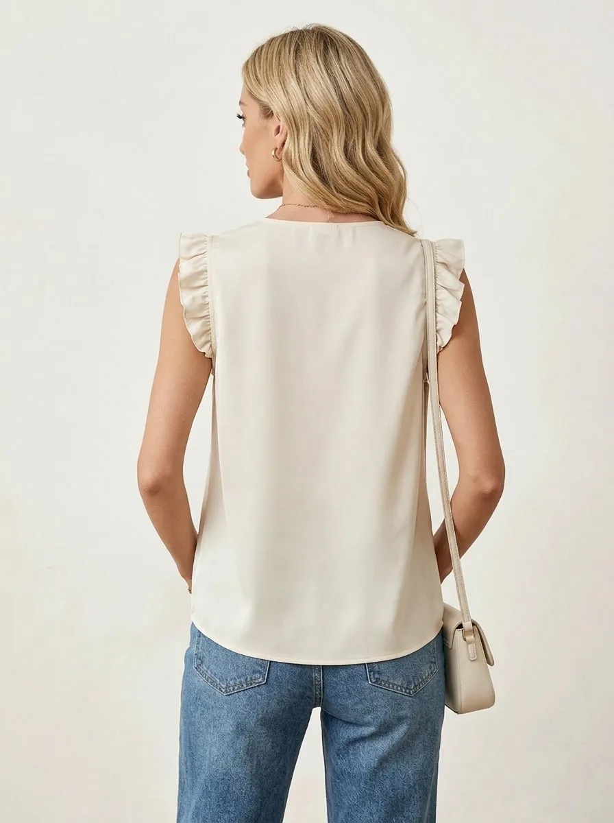 V-Neck Ruffle Sleeve Button Down Blouse