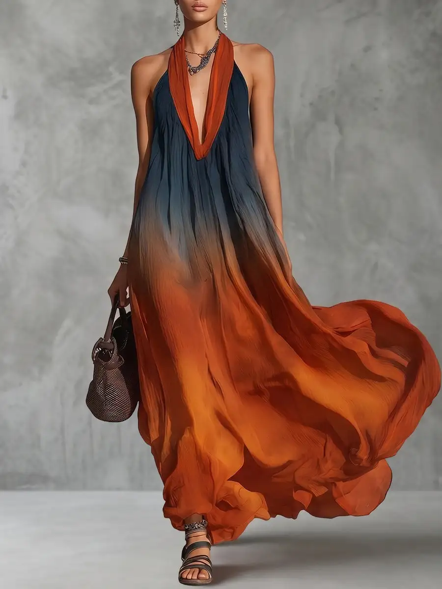 Loose Pleated Neck Maxi Dress