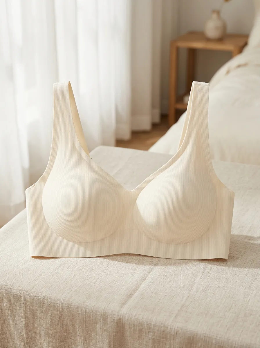 Women's Minimalist Solid Beige Ribbed Seamless Bra