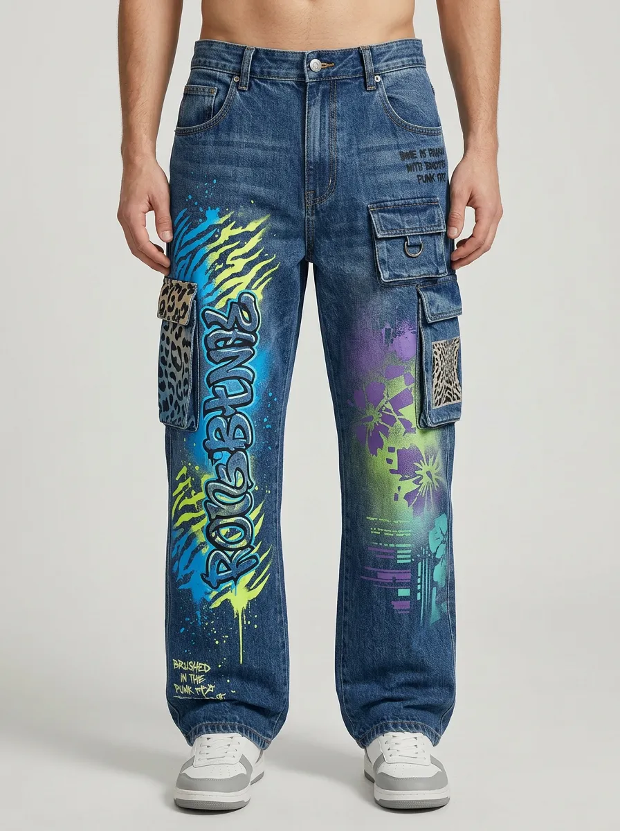 Men's Streetwear Graffiti Animal Print Contemporary Graphic Cargo Jeans