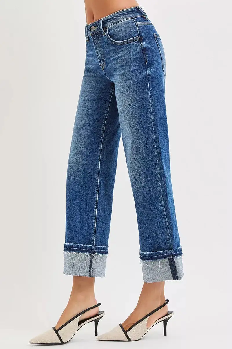 Mid Rise Straight Leg Cuffed Denim Jeans