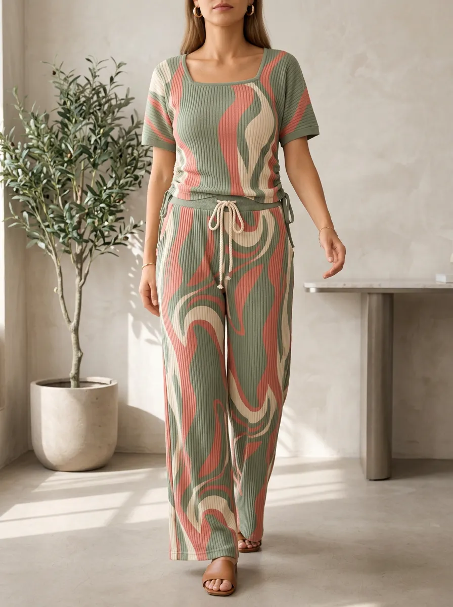 Women's Retro Swirl Pattern Ribbed Patterned Wide Leg Pants Set
