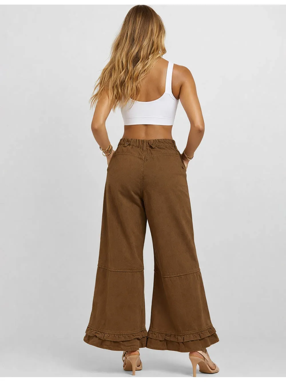 Ruffle Hem Jeans Elastic Waist Wide Leg Denim Pants