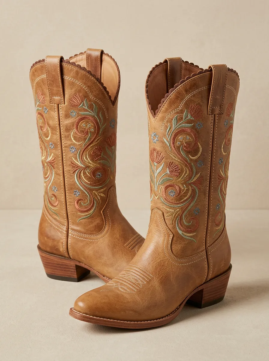 Desert Floral Embroidered Trail Look Unisex Western Cowboy Boots