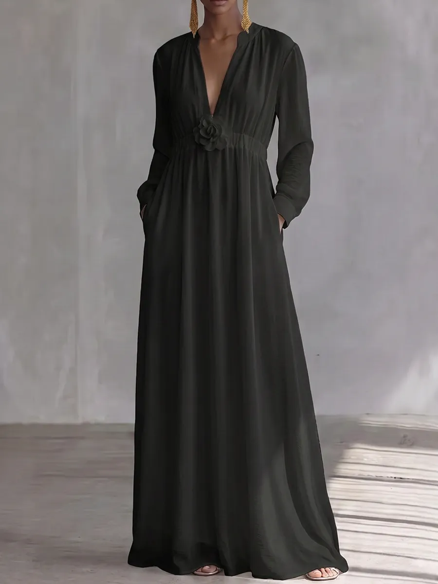 Pockets Pleated Long Neck Maxi Dress
