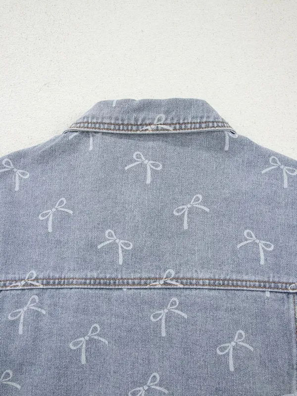 Bow Knot Print Light Wash Raw-Hem Denim Jacket