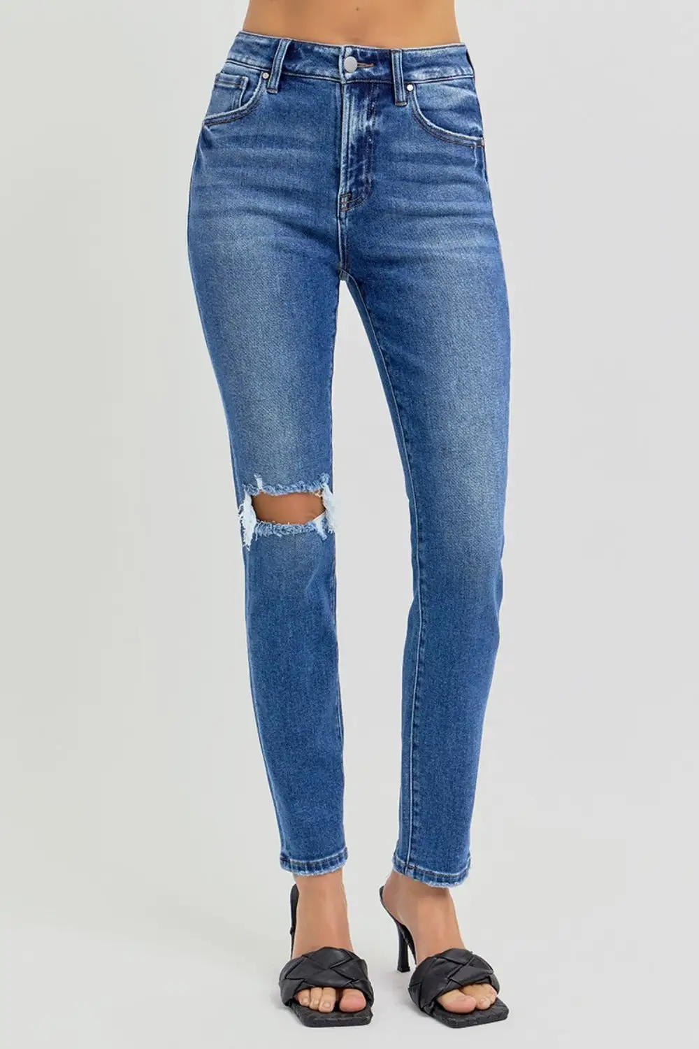 High Rise Ankle Skinny Knee Distressed Denim Jeans
