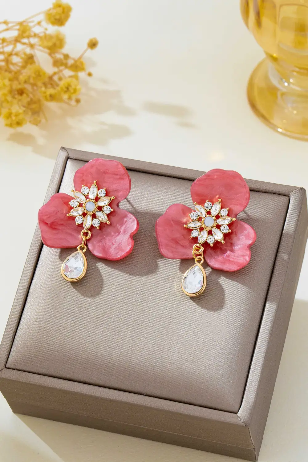Marbled Resin Floral Rhinestone Drop