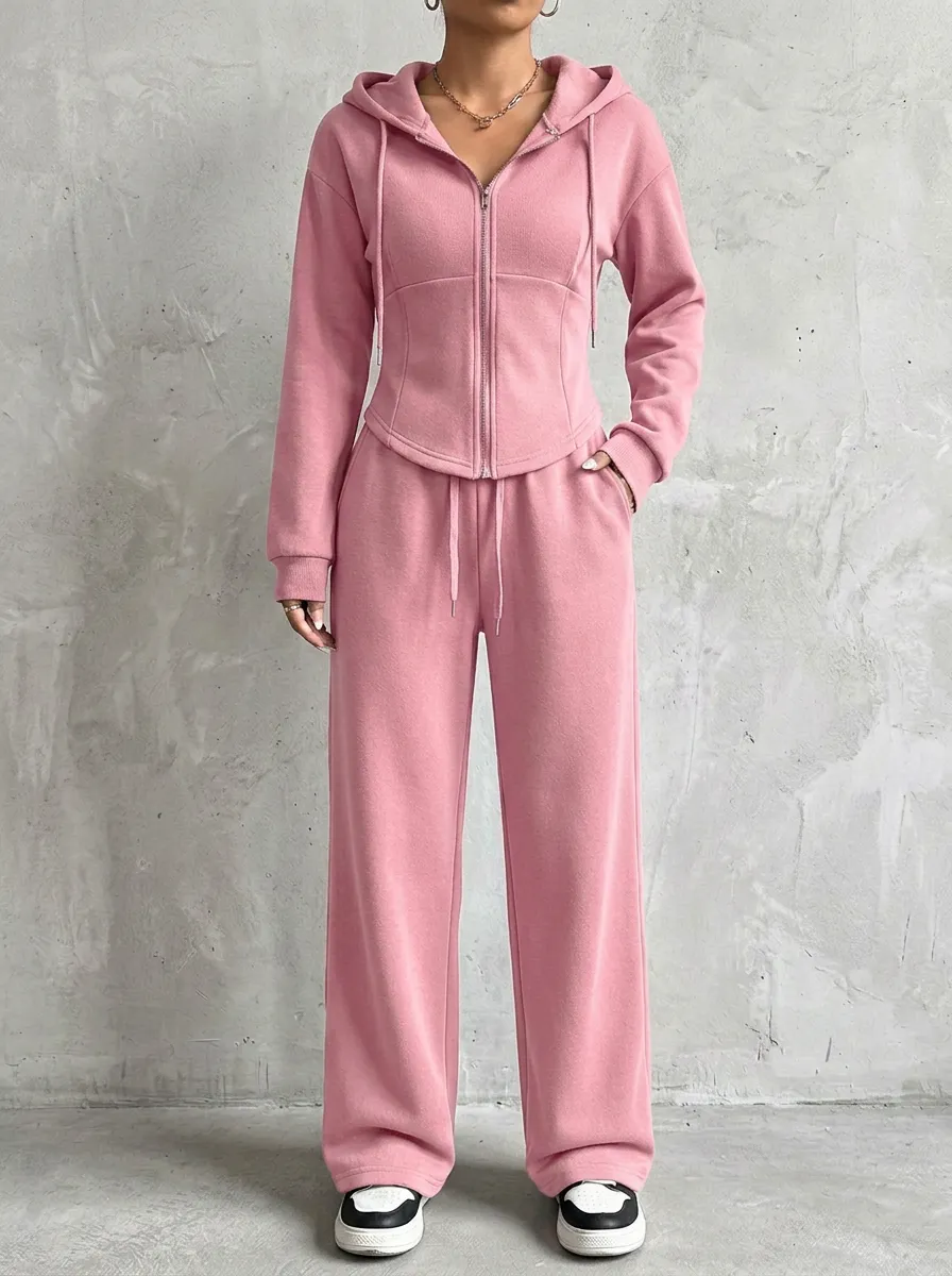 Women's Charcoal Grey Corset-Style Zip-Up Hoodie and Wide-Leg Lounge Set