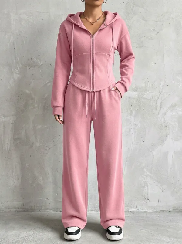 Women's Charcoal Grey Corset-Style Zip-Up Hoodie and Wide-Leg Lounge Set