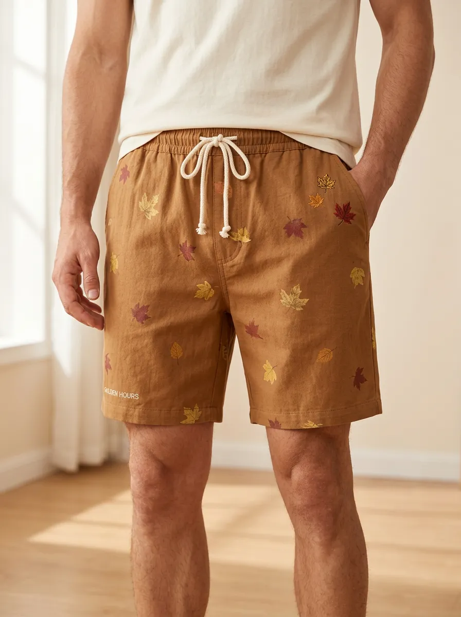 Tan Leaf-print Elastic Waist Shorts