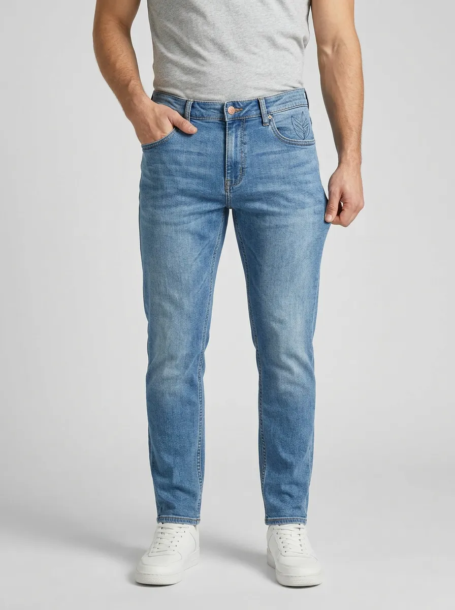 Men's Casual Leaf Embroidery Light Wash Printed Stretch Jeans