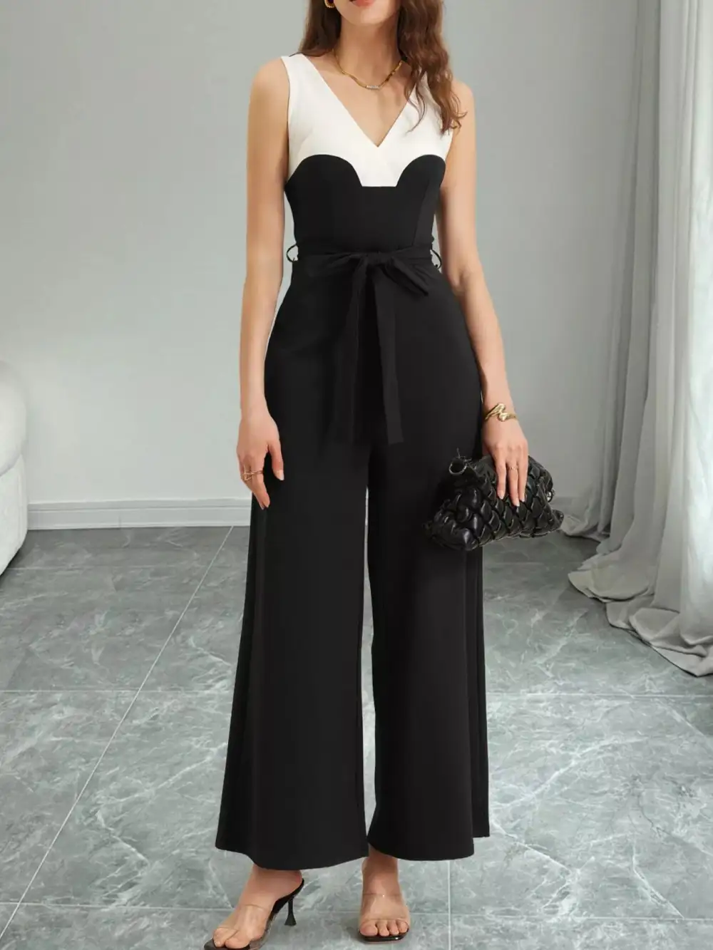 Blocked Pattern Wide Leg Jumpsuit