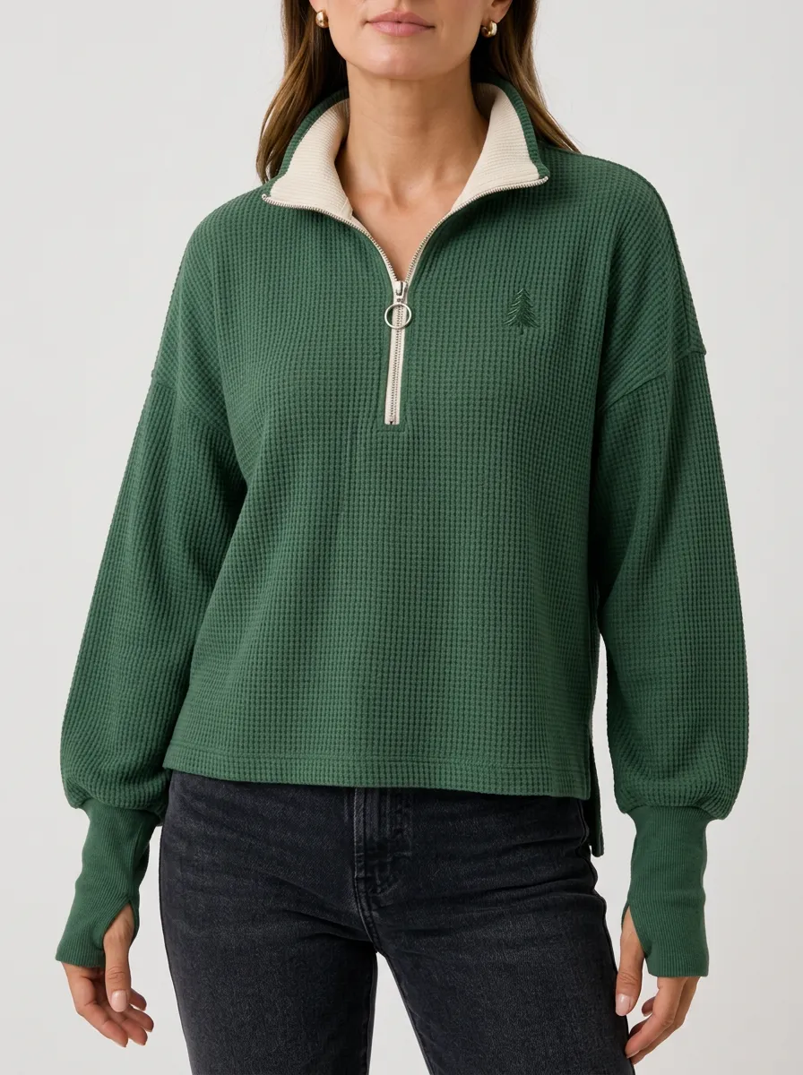 Relaxed Everyday Nature Lover Pine Tree Embroidered Waffle Knit Quarter Zip Top