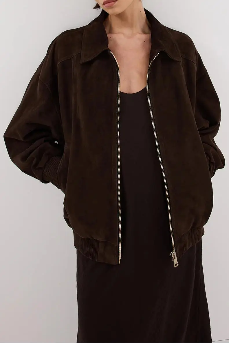 BITTER CHOC SUEDE BOMBER COAT