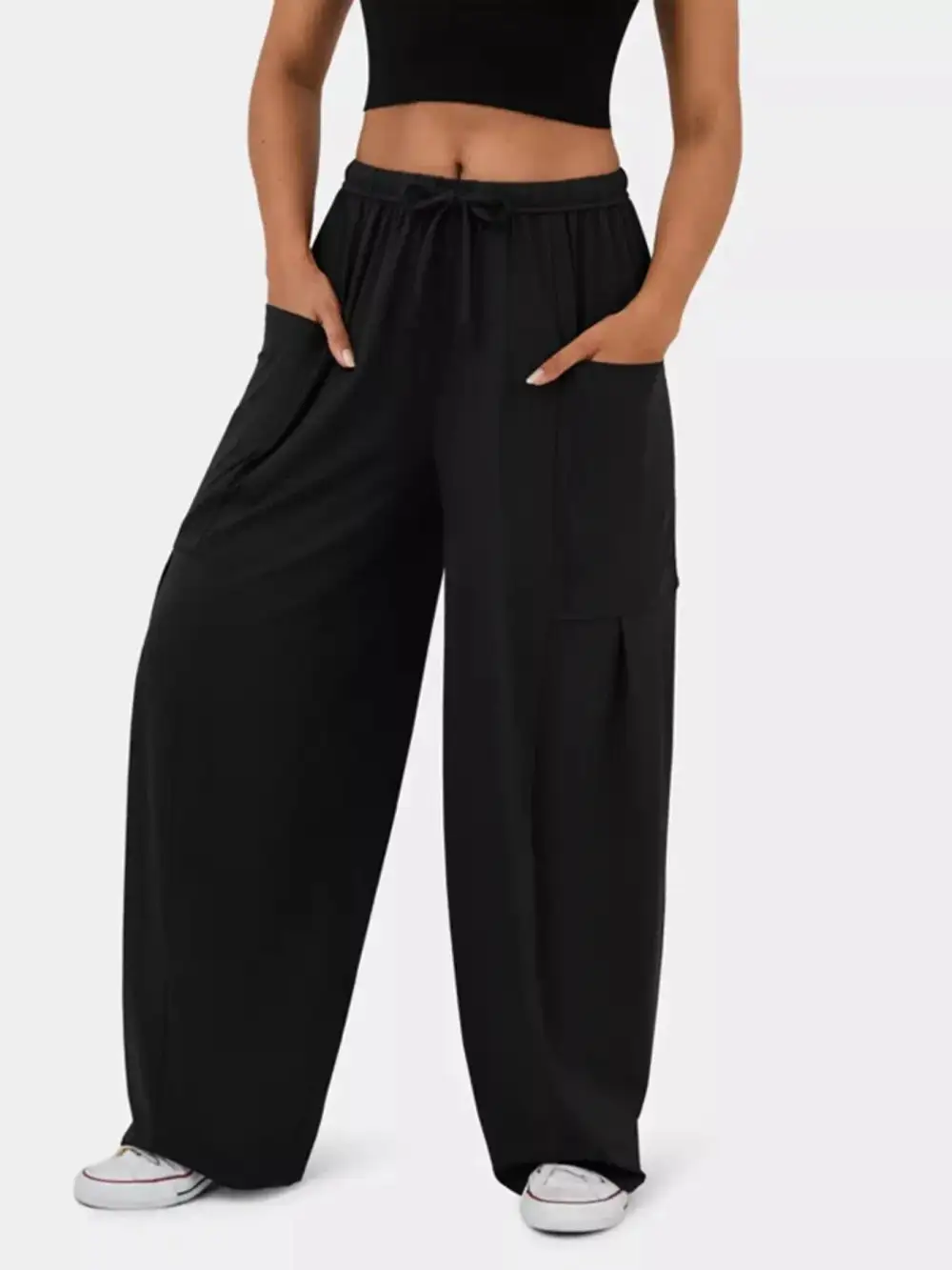 High Waisted Drawstring Wide Leg Pants