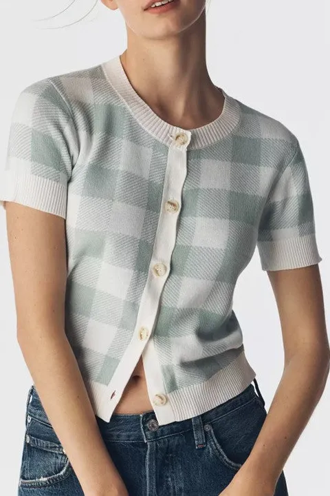 Green Checkered Knit Cardigan