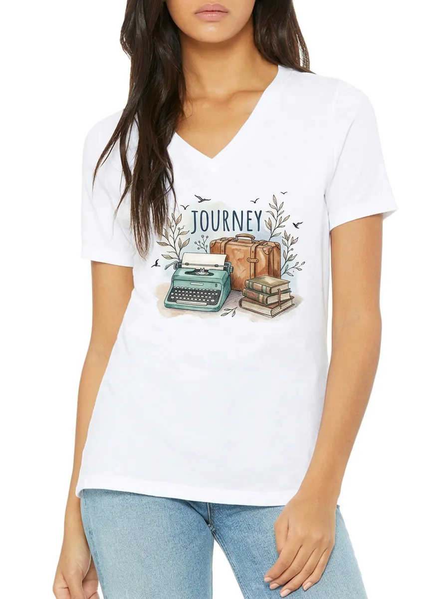 Women's Writer Traveler Journey Typewriter Suitcase Printed V-neck T-shirt