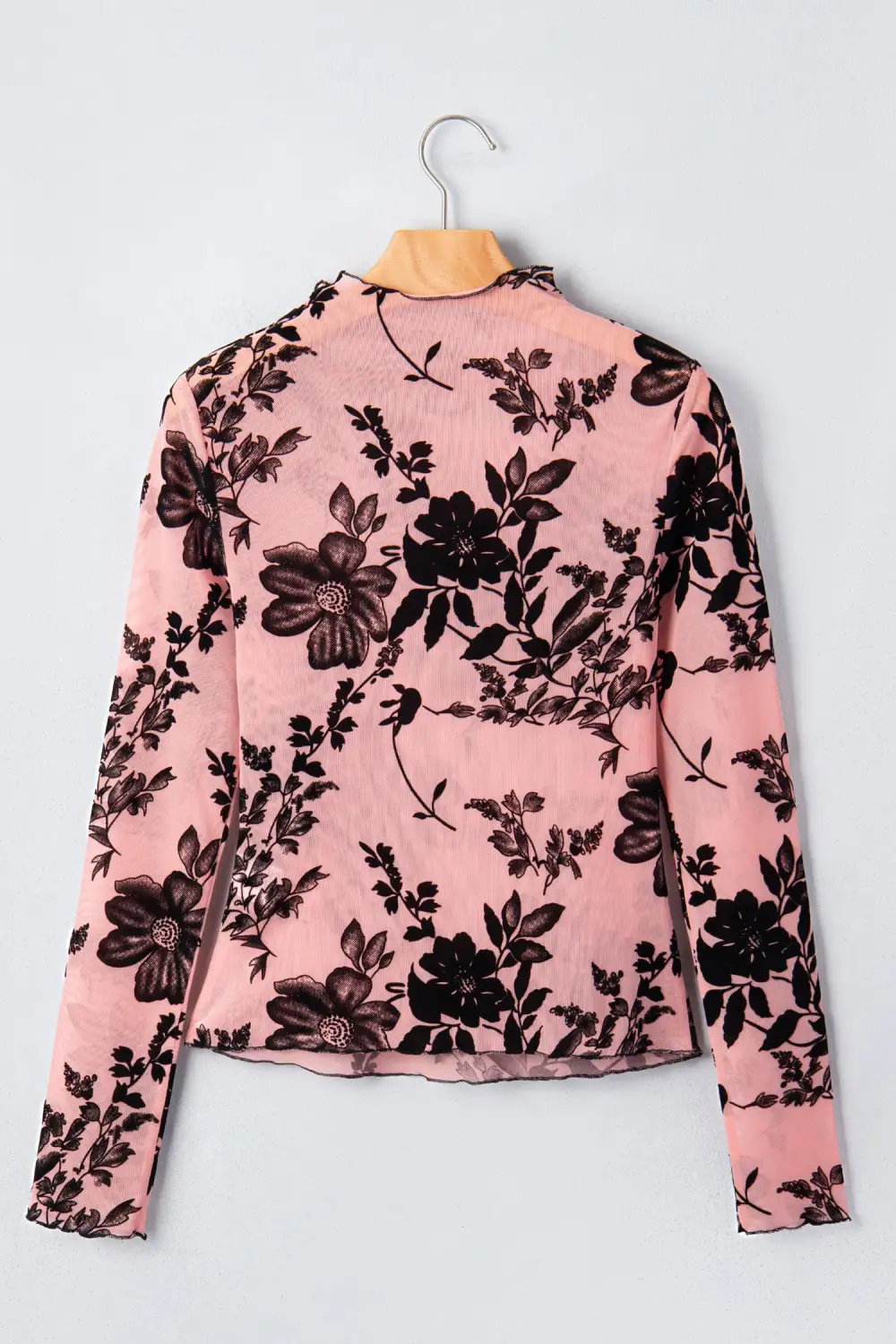 Floral Print Mesh Fitted Stretch Fabric Long Sleeve Blouse