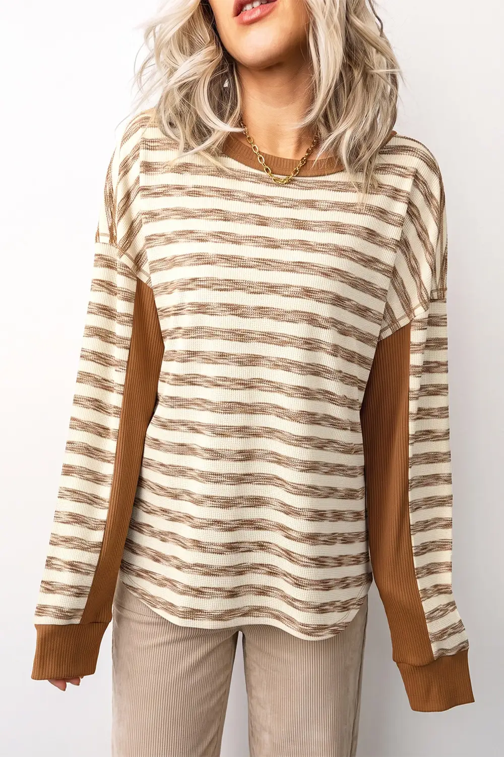Striped Round Neck Ribbed Relaxed Long Sleeve Top