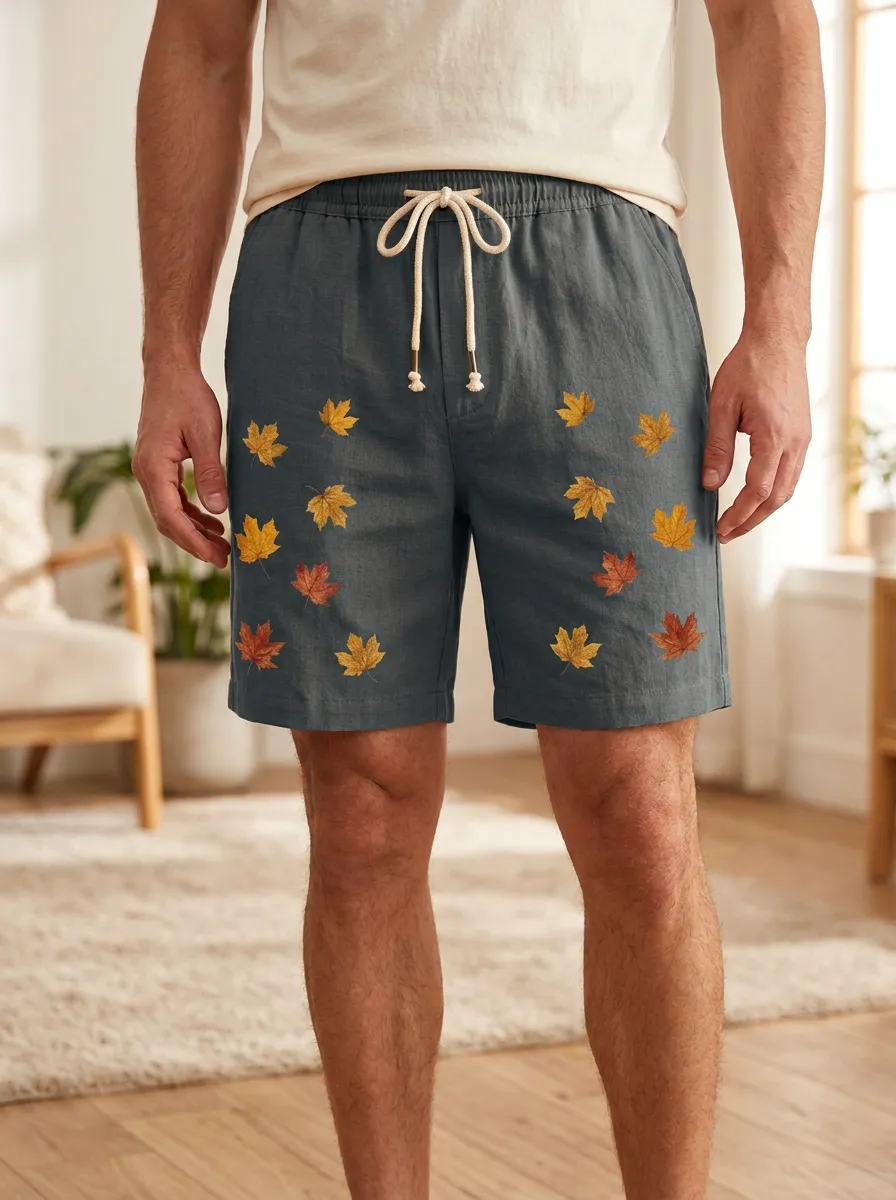 Amber Leaf-embroidered Drawstring Shorts