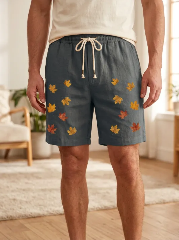 Amber Leaf-embroidered Drawstring Shorts
