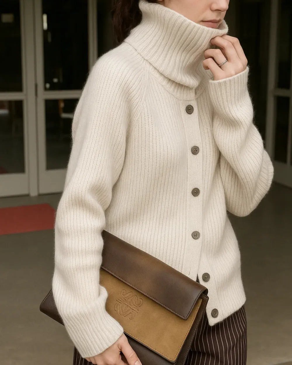 Cashmere Blend Ribbed Turtleneck Knit Cardigan
