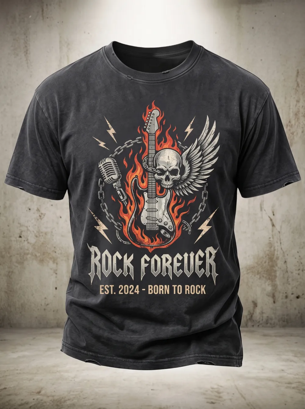 Men's Rock Music Lover Skull Guitar Fire Printed T-shirt