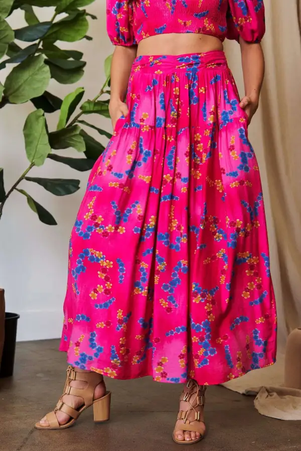 And Printed Smocking Waistband Ruffled Maxi Skirt