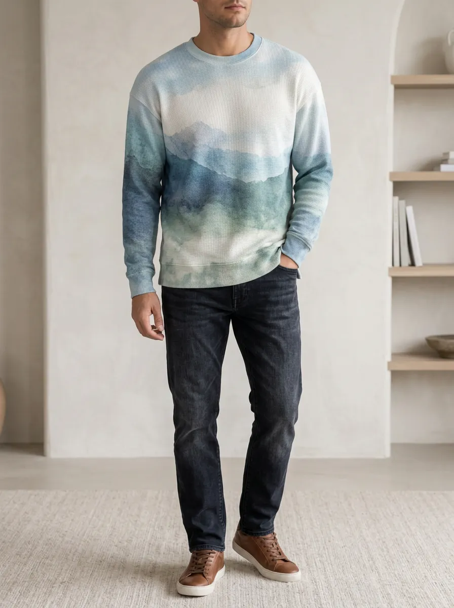 Men's Blue Landscape Patterned Waffle Knit Crewneck Sweatshirt