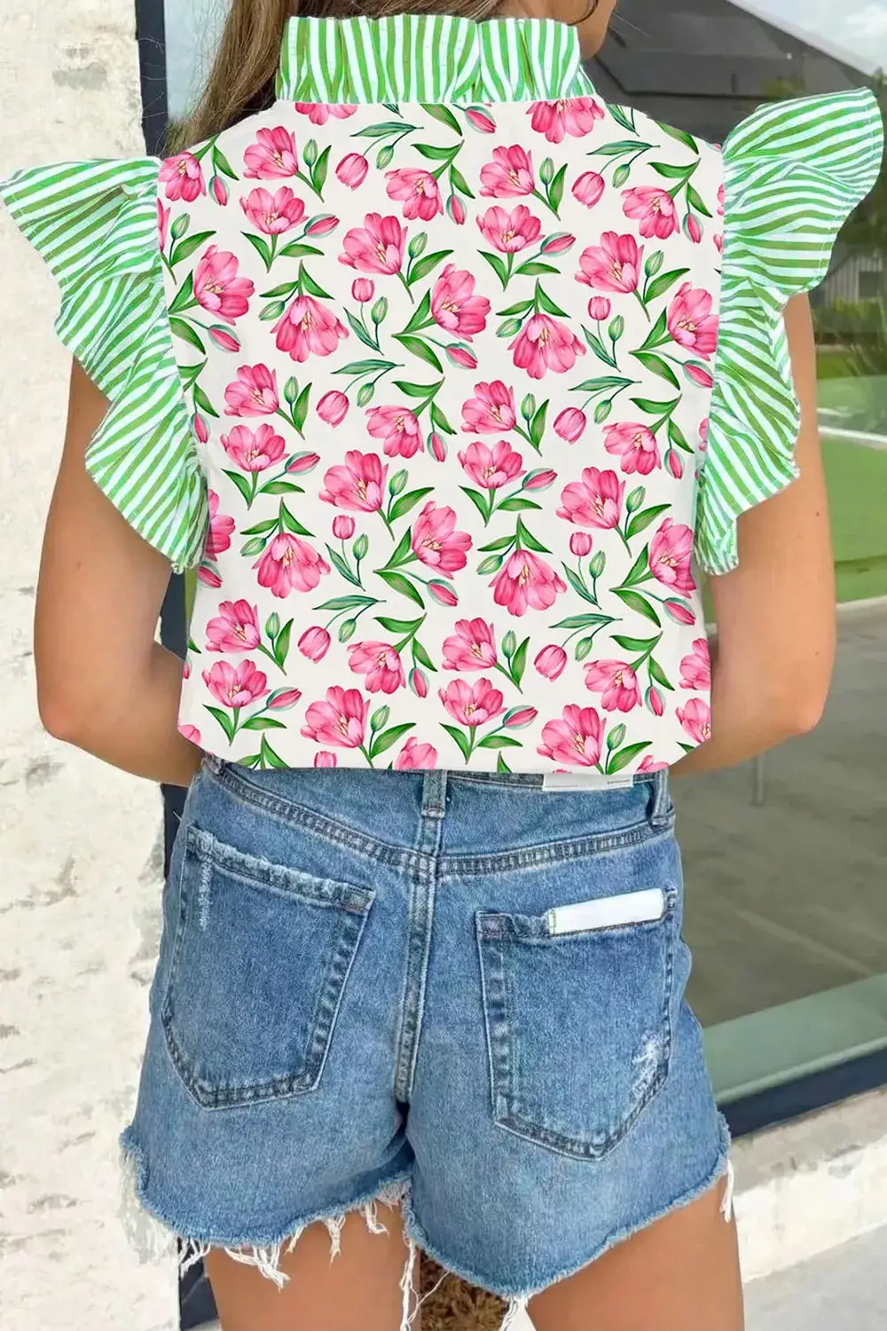 Floral Print Striped Ruffle Trim V-Neck Blouse