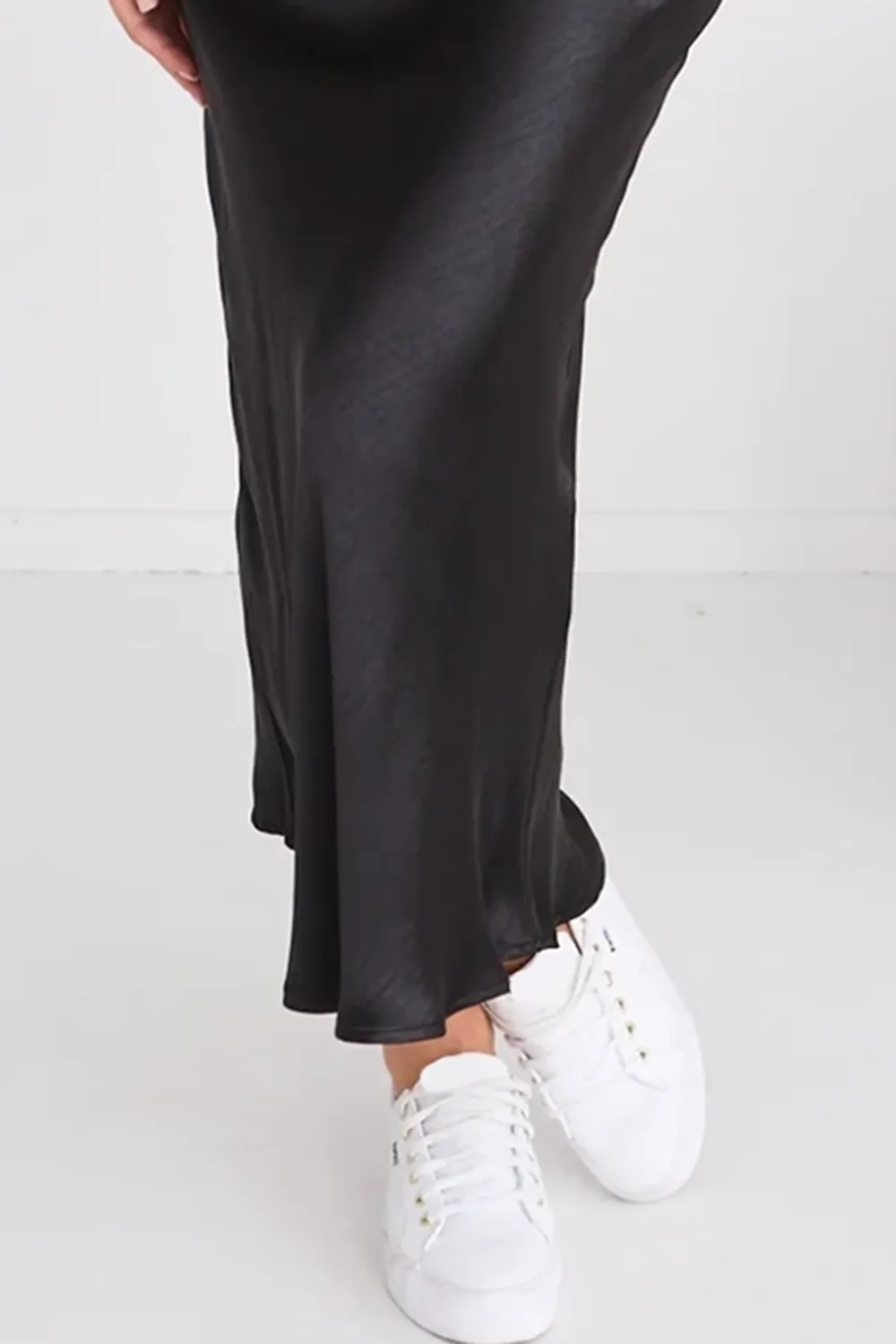 Black Satin Flared Midi Skirt
