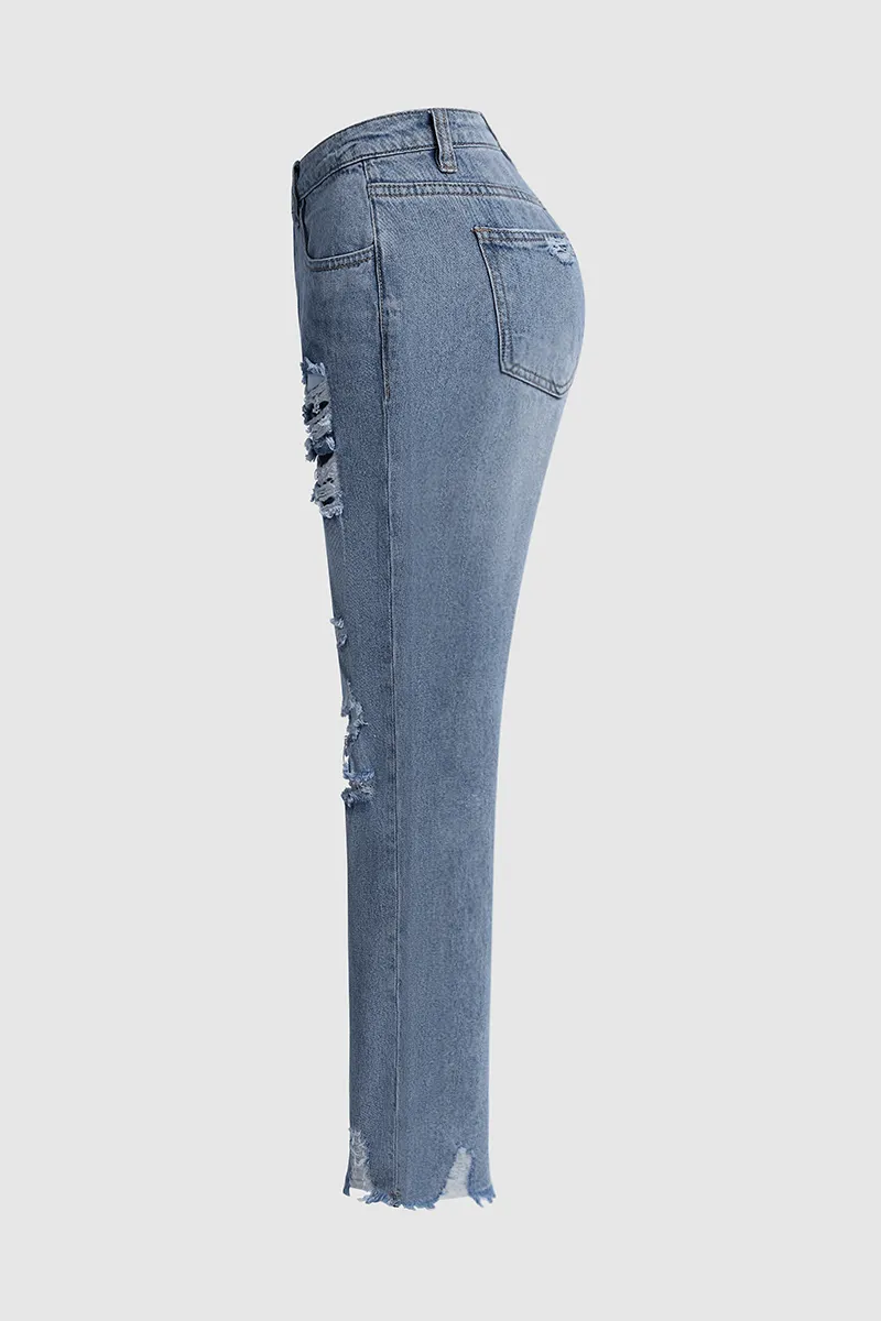 Distressed Raw Hem Straight Leg Jeans