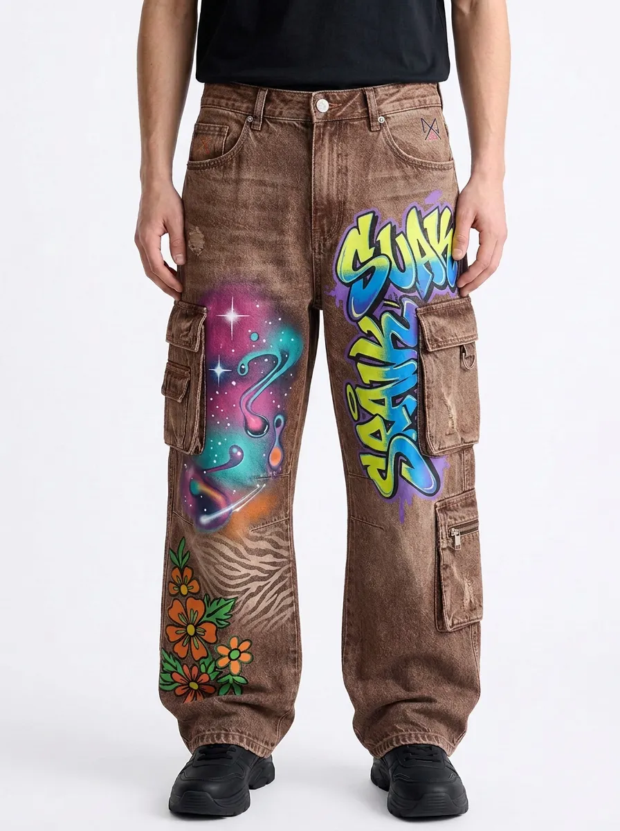 Men's Streetwear Graffiti Galaxy Floral Graphic Cargo Jeans