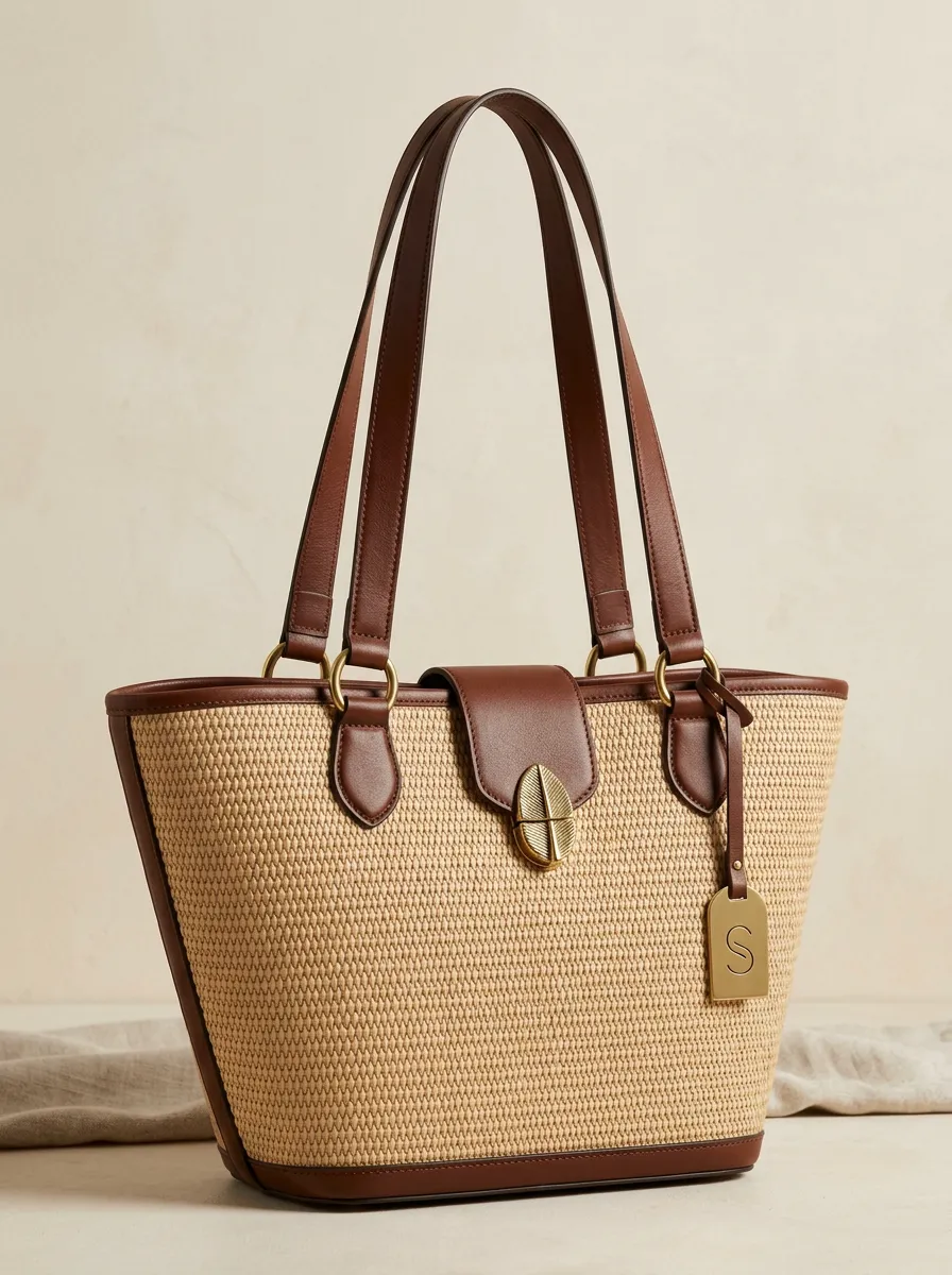 Straw-Style Leather-Trim-Look Women's Tote Bag