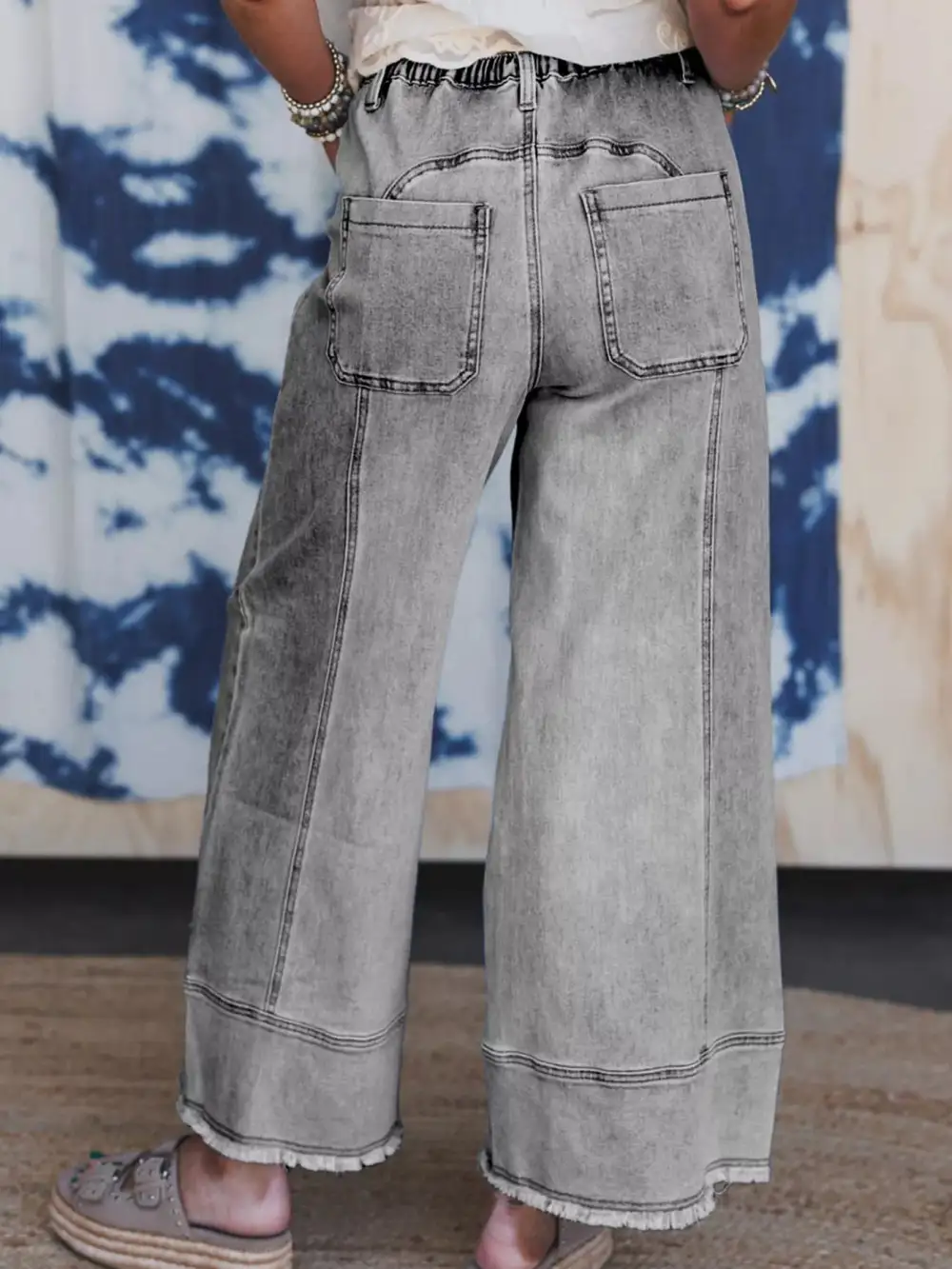 Wide Leg Raw Hem Drawstring Denim Jeans