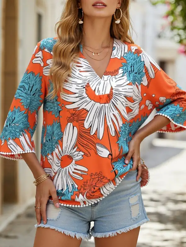 Layered Printed V Neck Blouse