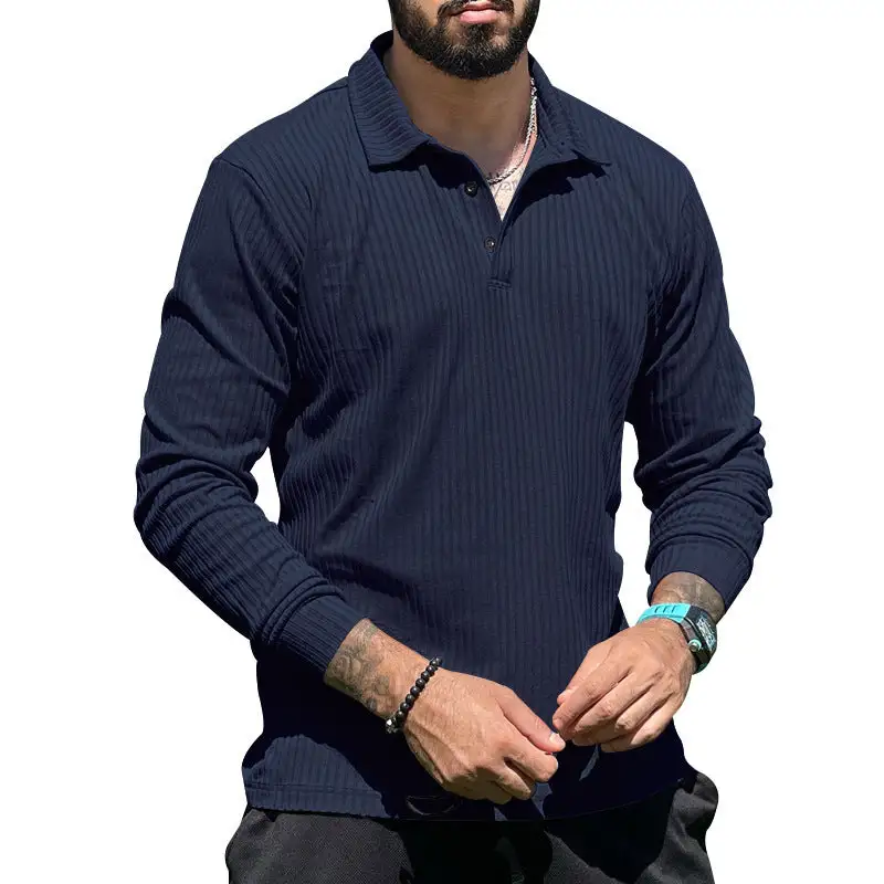 Streamlined Ribbed Button Placket Long Sleeve Fine Knit Polo Shirt