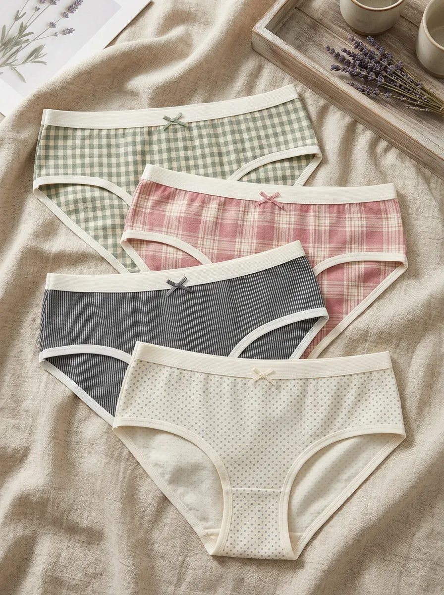 Women's Plaid Striped Polka Dot Patterned Printed Panties 4-Pack