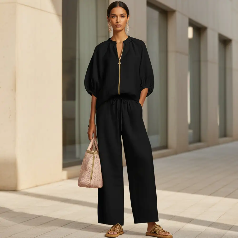 Wide-Leg Denim Stretch Women's Matching Set