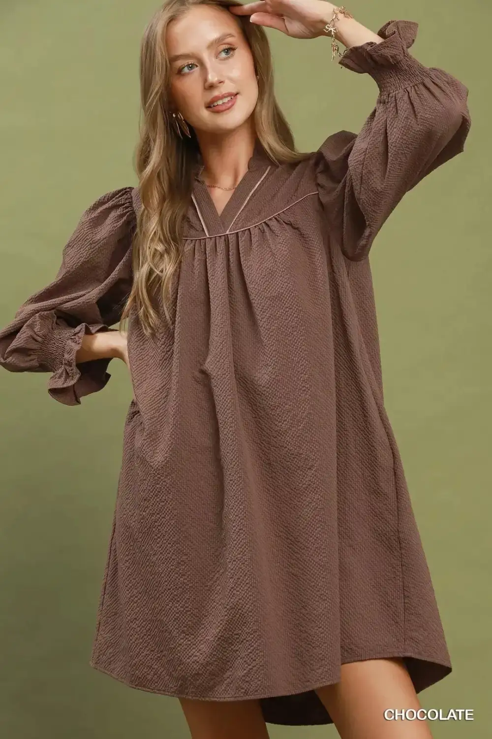 Textured Puff Sleeve Mini Dress